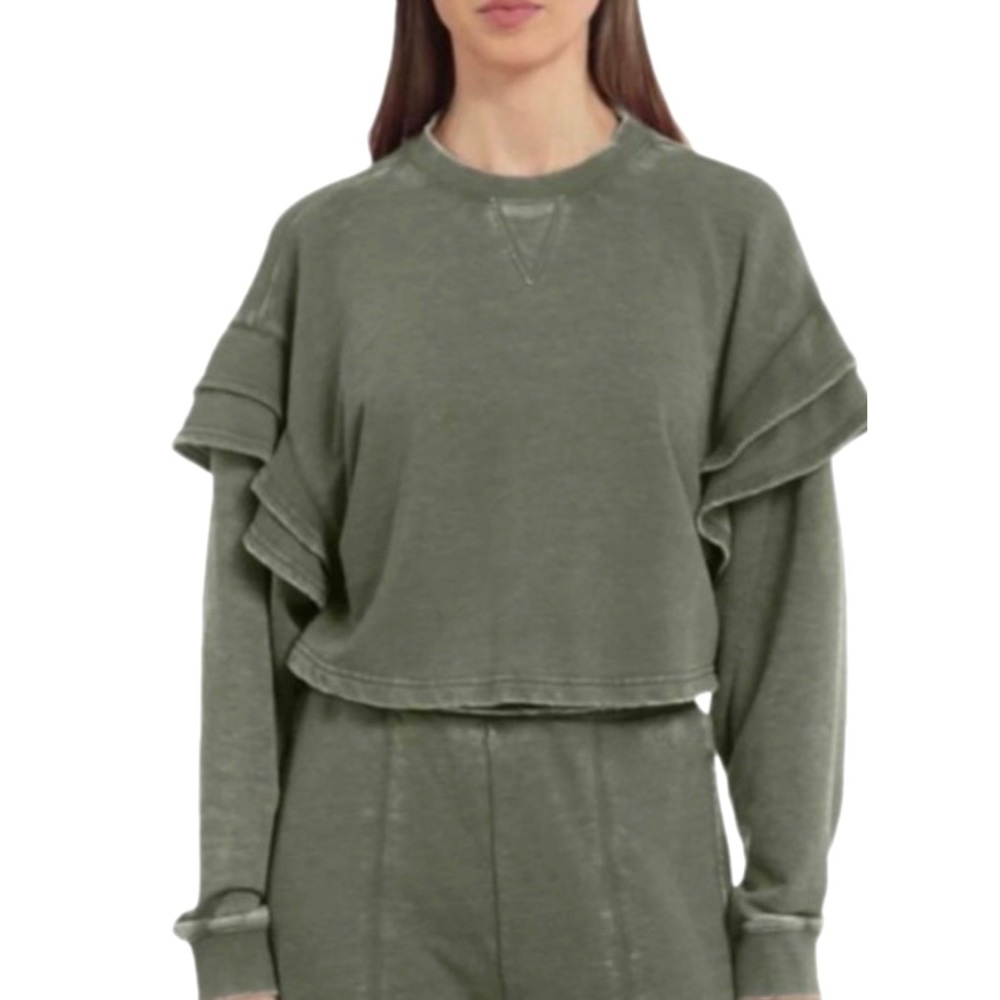 🛑SOLD 7 for All Mankind Army Green Ruffle Sleeve Cropped Sweatshirt - Picture 1 of 6